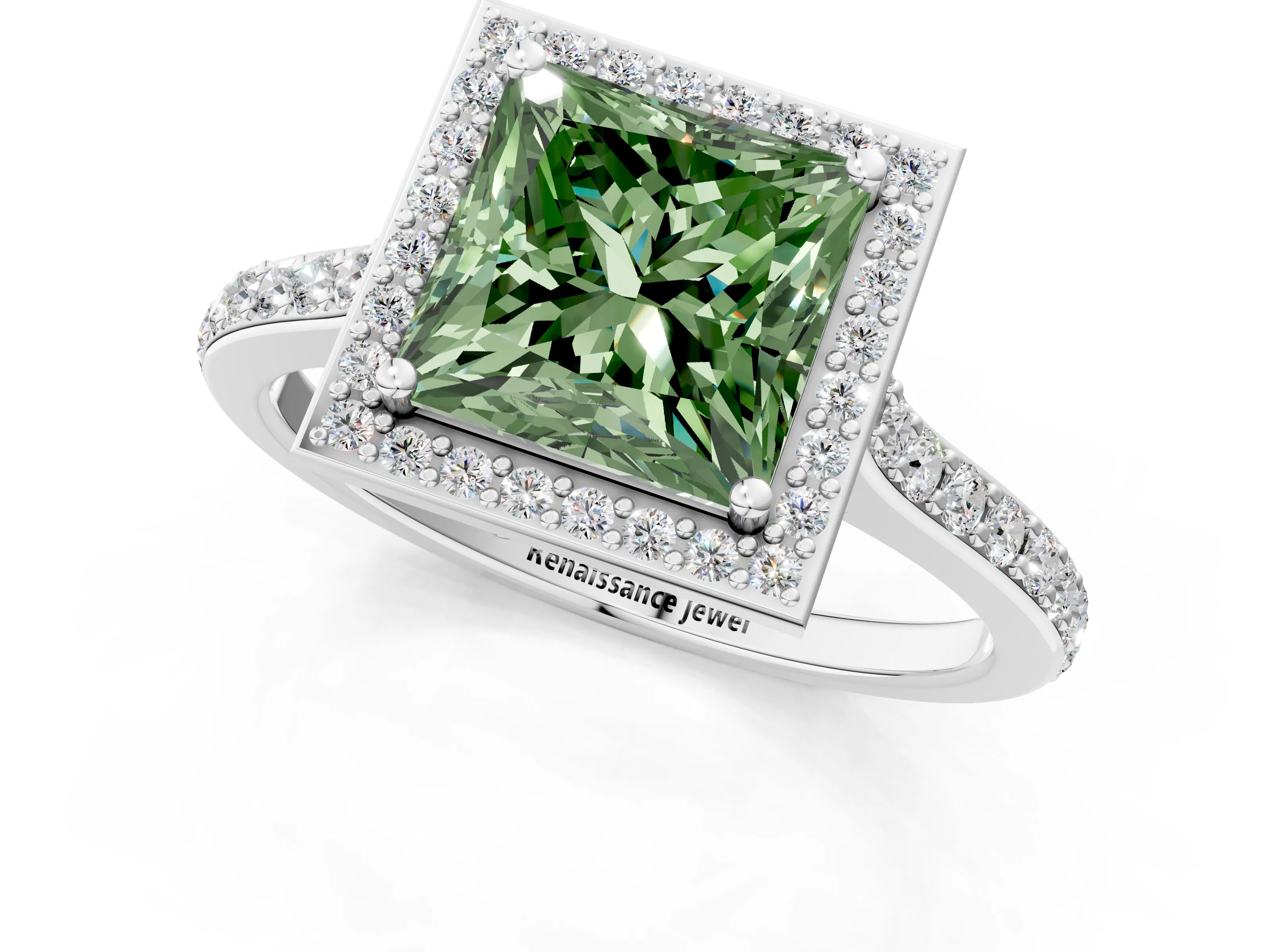 White gold Fancy Green Princess Cut Halo Round Diamond Pavé Band with Four-Prong Setting_16