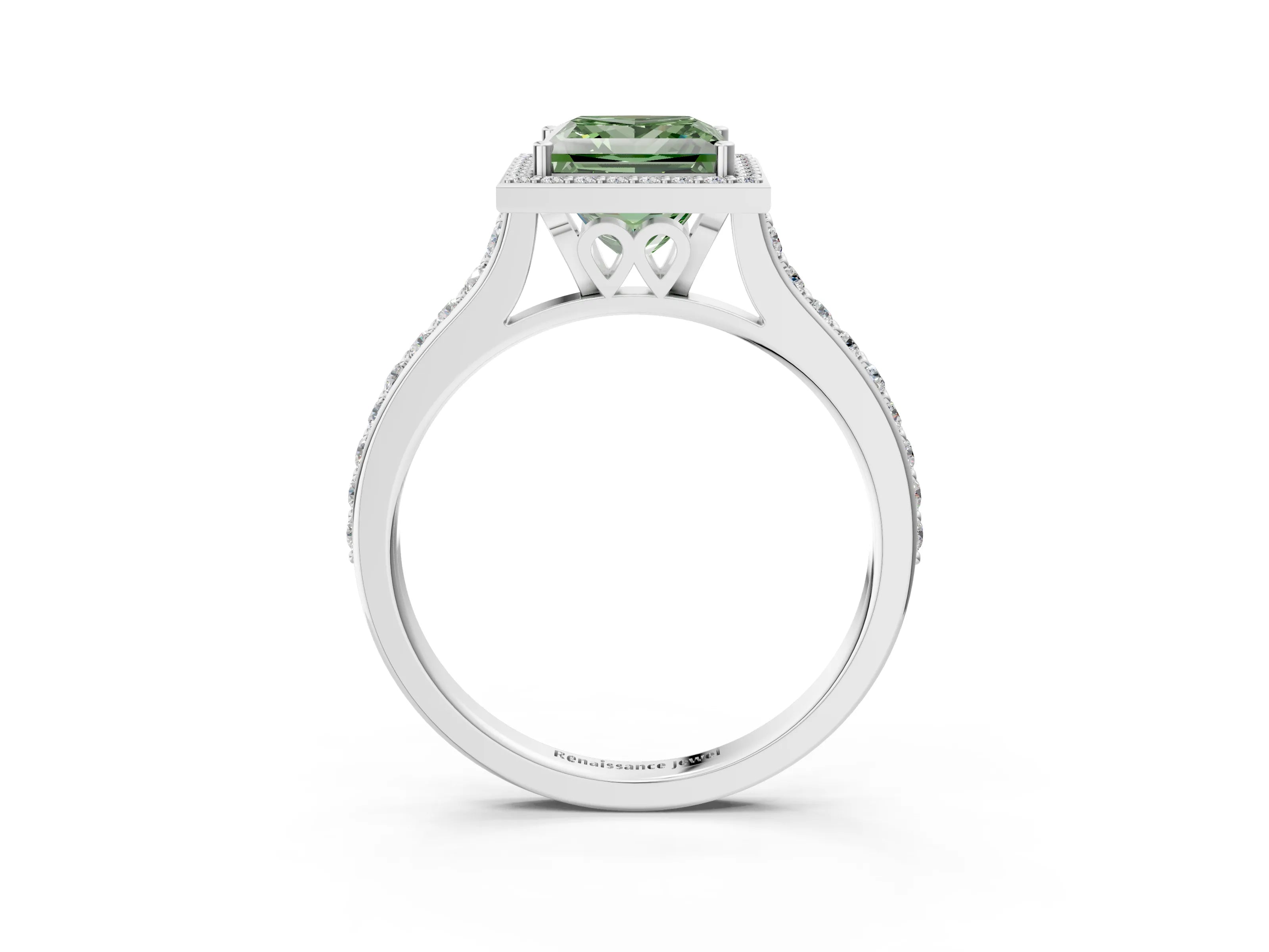 White gold Fancy Green Princess Cut Halo Round Diamond Pavé Band with Four-Prong Setting_18