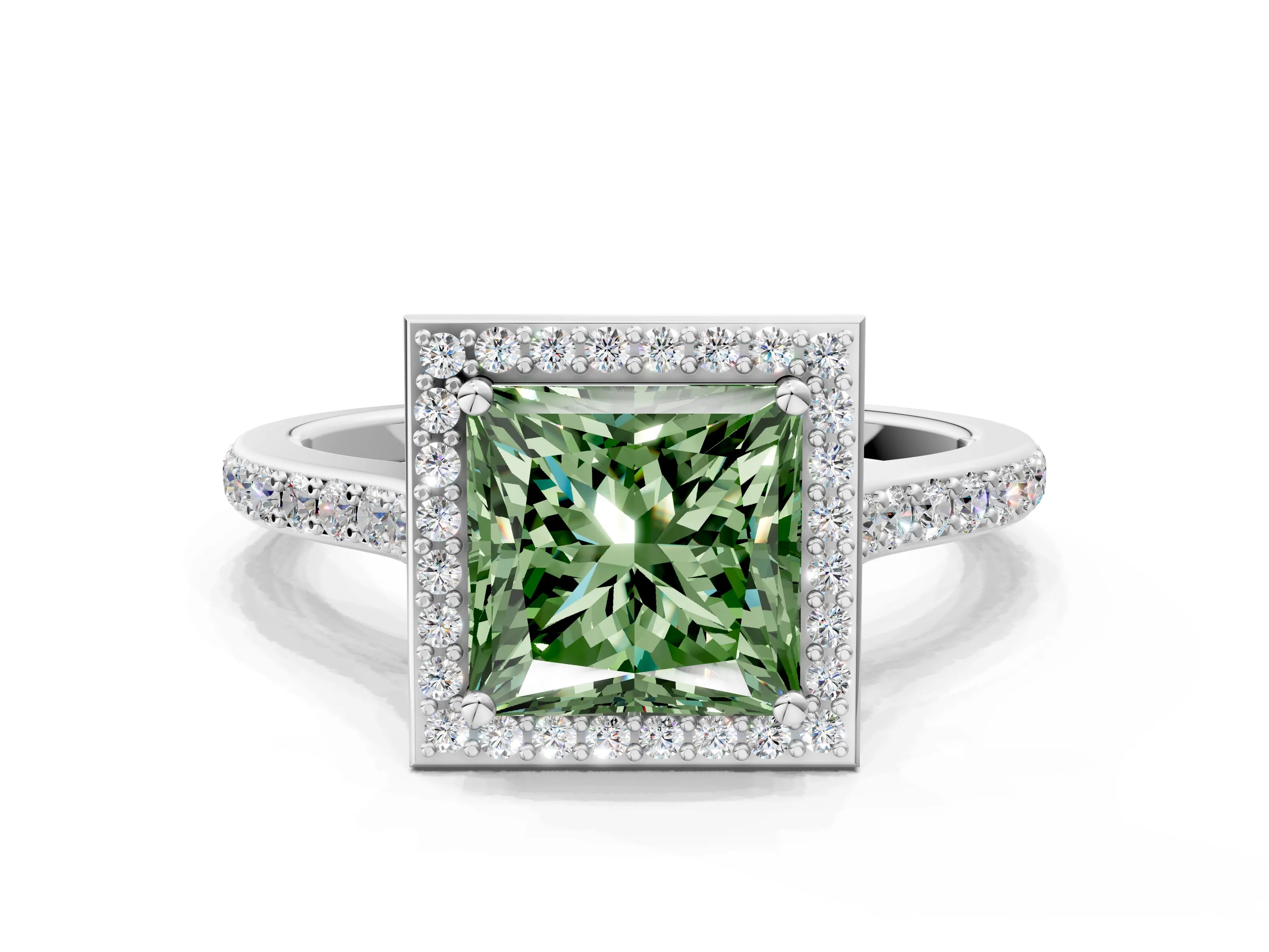 White gold Fancy Green Princess Cut Halo Round Diamond Pavé Band with Four-Prong Setting_21