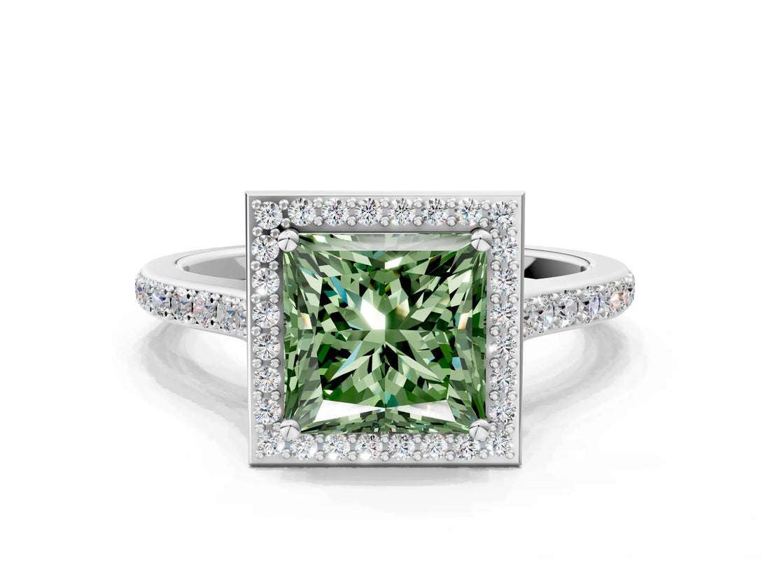 White gold Fancy Green Princess Cut Halo Round Diamond Pavé Band with Four-Prong Setting_21