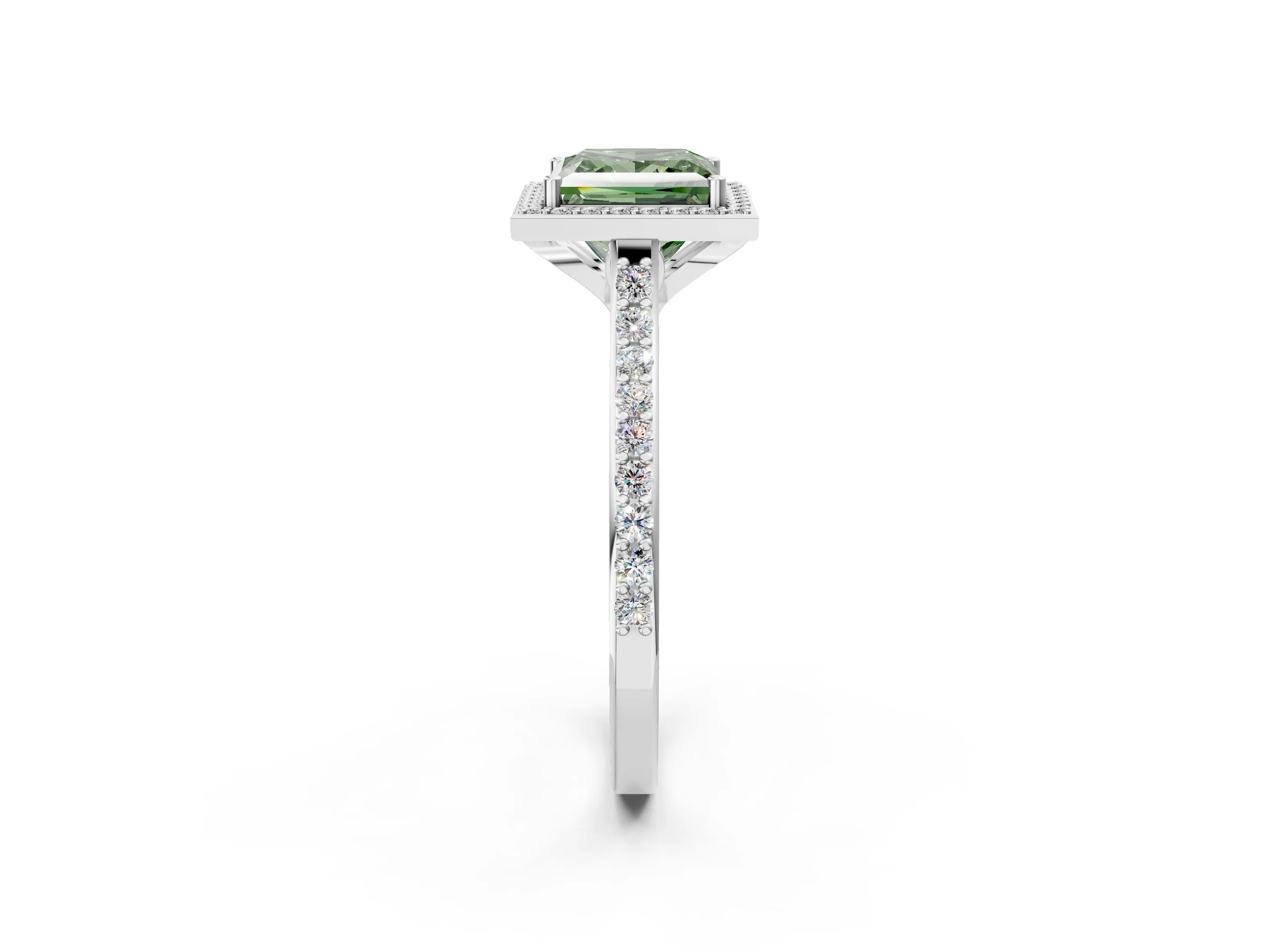 White gold Fancy Green Princess Cut Halo Round Diamond Pavé Band with Four-Prong Setting_23