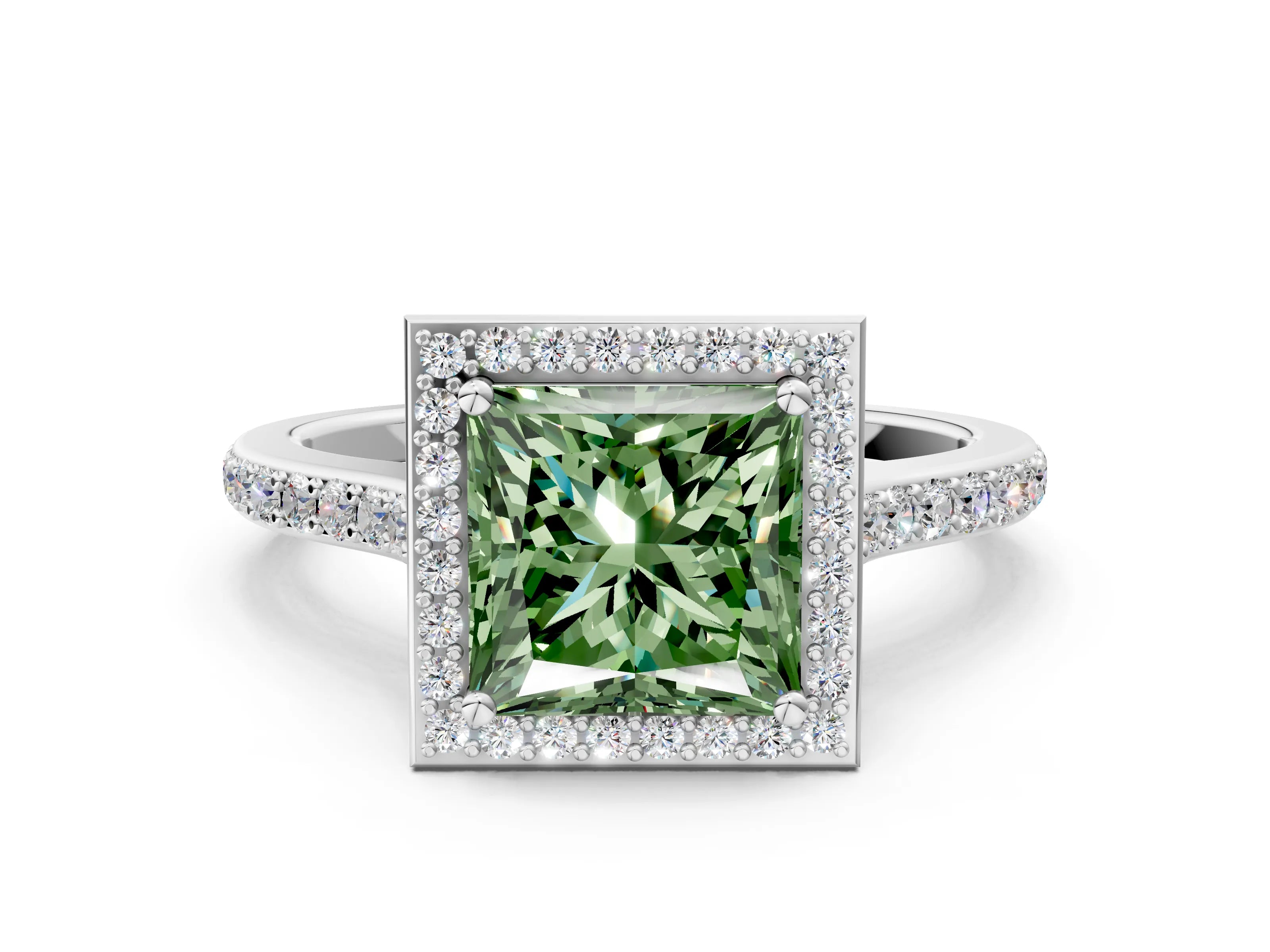 White gold Fancy Green Princess Cut Halo Round Diamond Pavé Band with Four-Prong Setting_37