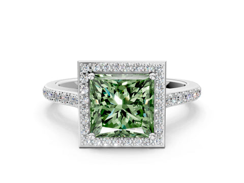 White gold Fancy Green Princess Cut Halo Round Diamond Pavé Band with Four-Prong Setting_37