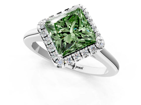 White gold Fancy Green Princess Cut Halo Round Diamond Solitaire Engagement Ring with Pave Band and Four-Prong Setting_1