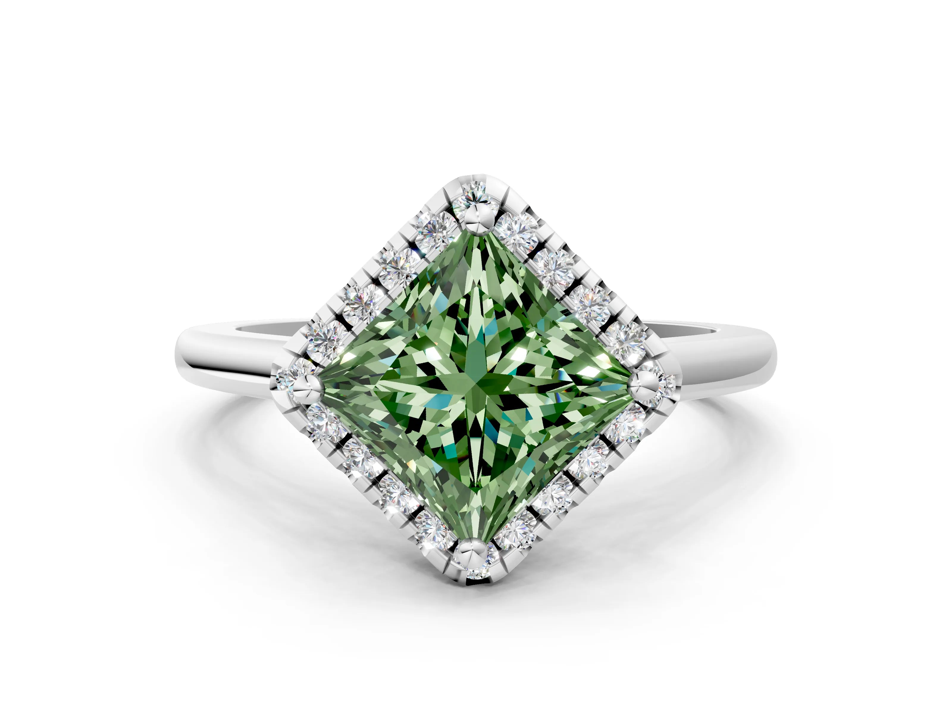 White gold Fancy Green Princess Cut Halo Round Diamond Solitaire Engagement Ring with Pave Band and Four-Prong Setting_24