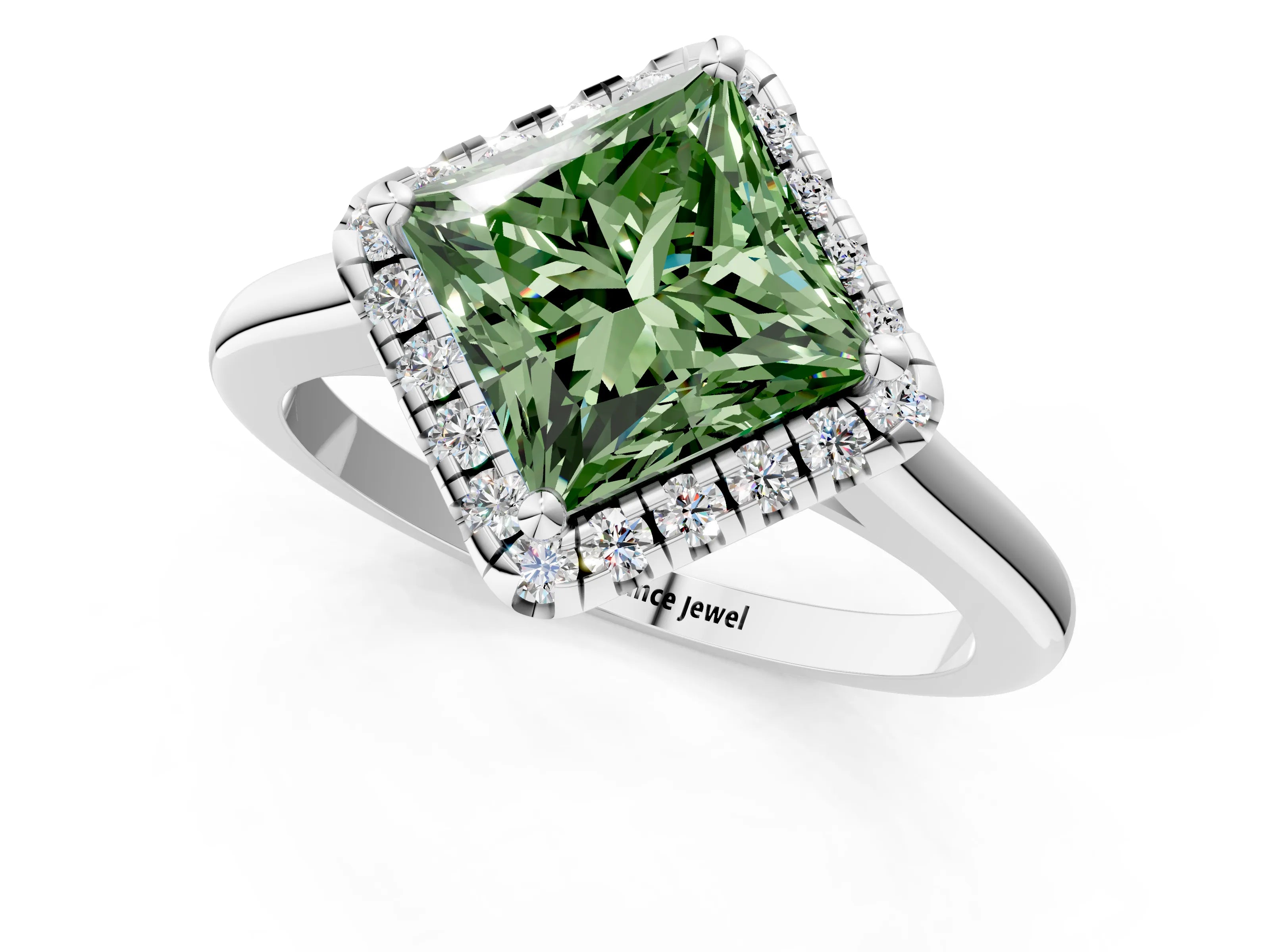 White gold Fancy Green Princess Cut Halo Round Diamond Solitaire Engagement Ring with Pave Band and Four-Prong Setting_25