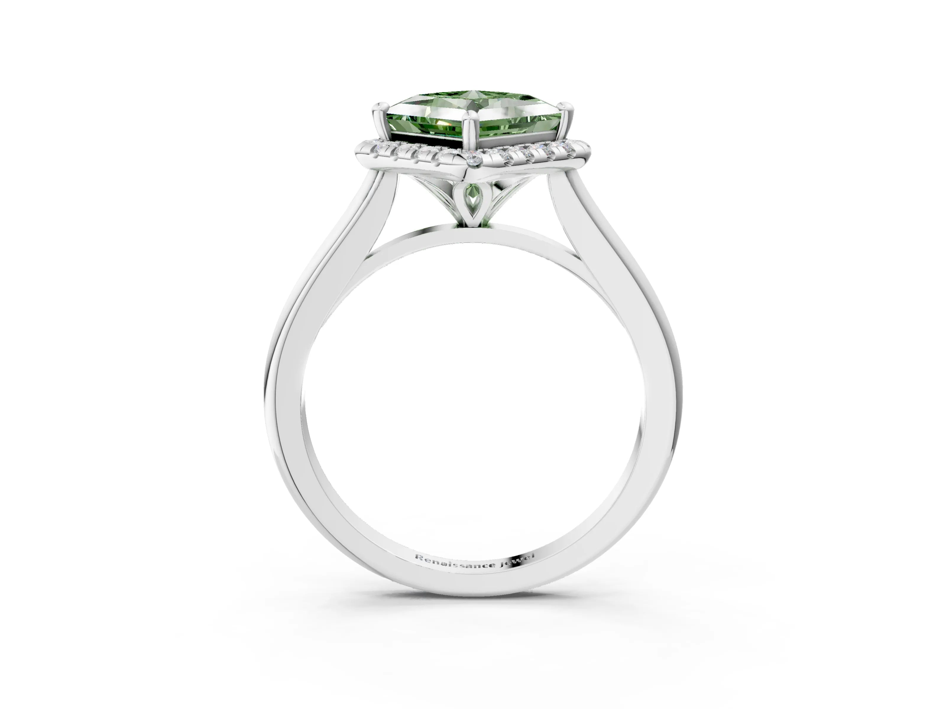 White gold Fancy Green Princess Cut Halo Round Diamond Solitaire Engagement Ring with Pave Band and Four-Prong Setting_27