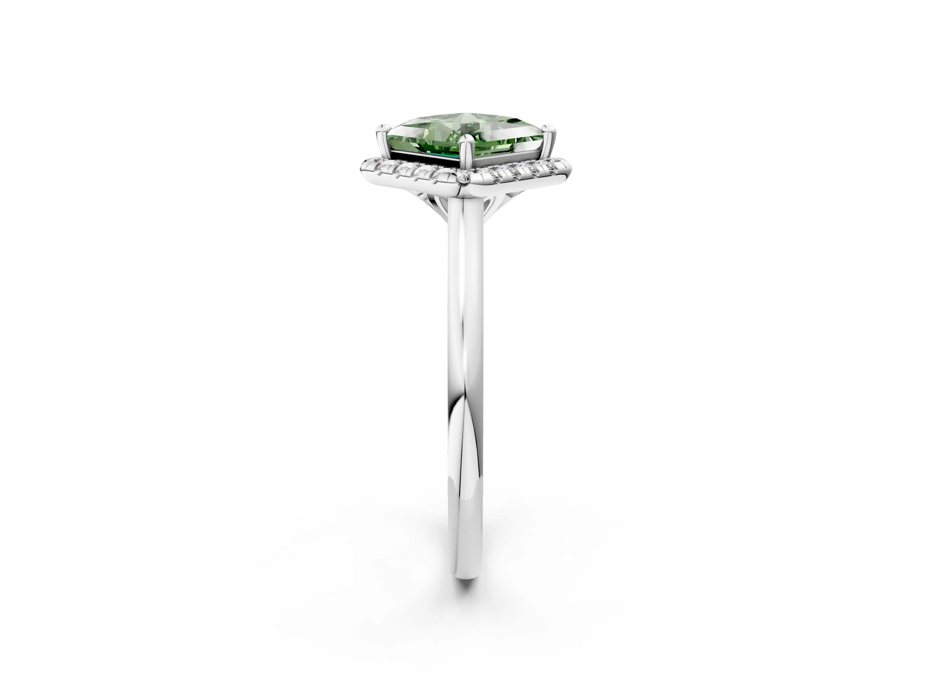 White gold Fancy Green Princess Cut Halo Round Diamond Solitaire Engagement Ring with Pave Band and Four-Prong Setting_27