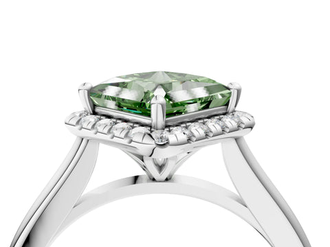 White gold Fancy Green Princess Cut Halo Round Diamond Solitaire Engagement Ring with Pave Band and Four-Prong Setting_29