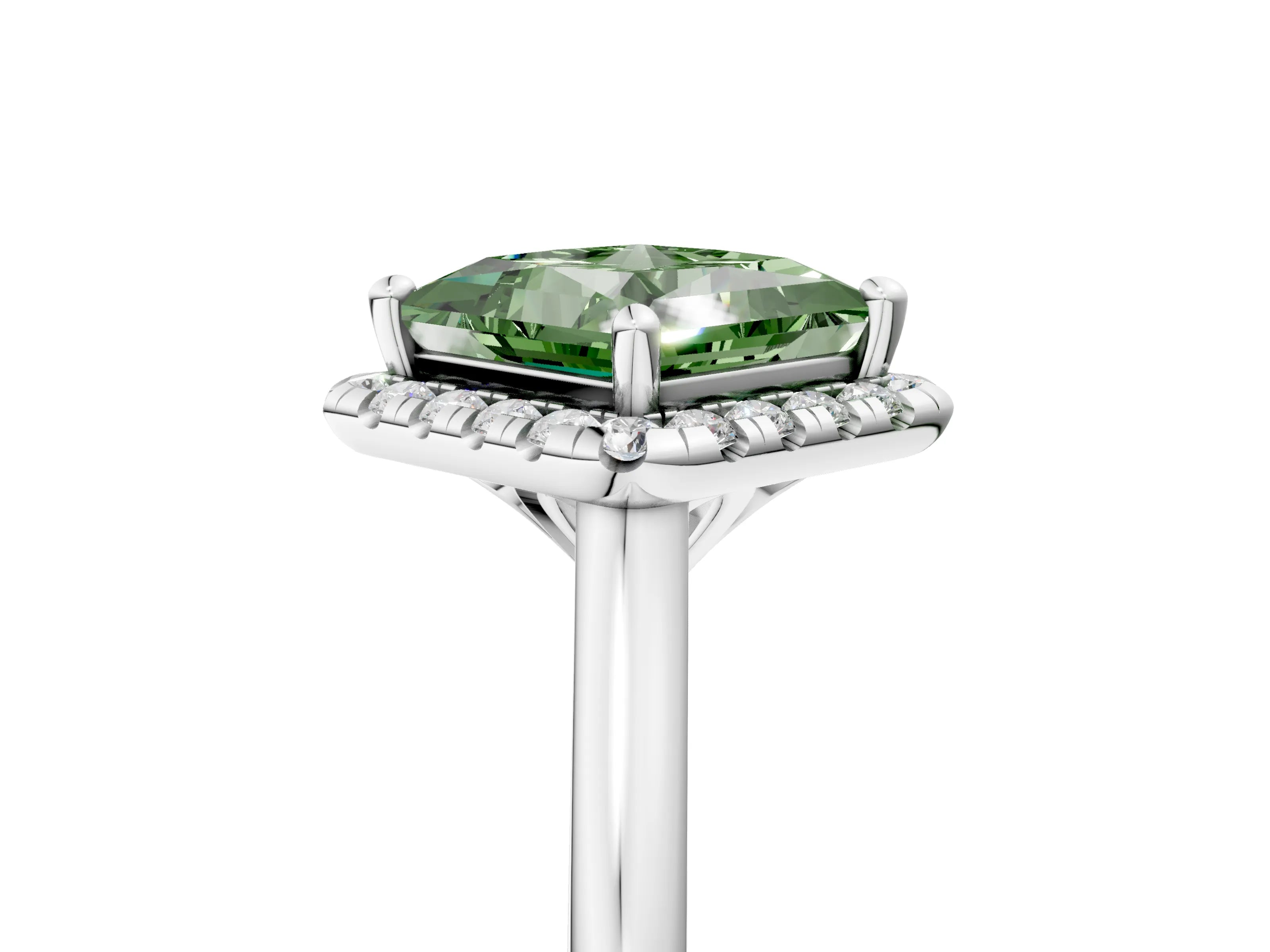 White gold Fancy Green Princess Cut Halo Round Diamond Solitaire Engagement Ring with Pave Band and Four-Prong Setting_30