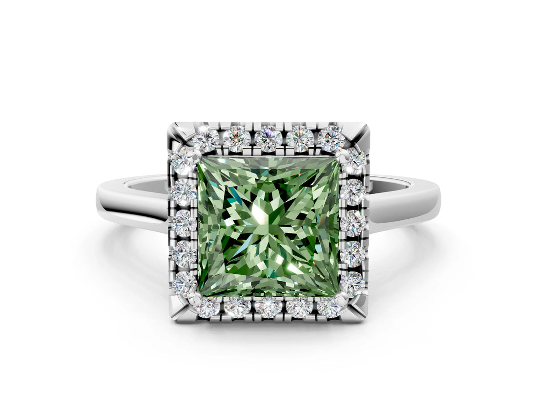 White gold Fancy Green Princess Cut Halo Round Diamond Solitaire Ring with Pavé Band and Four-Prong Setting_12
