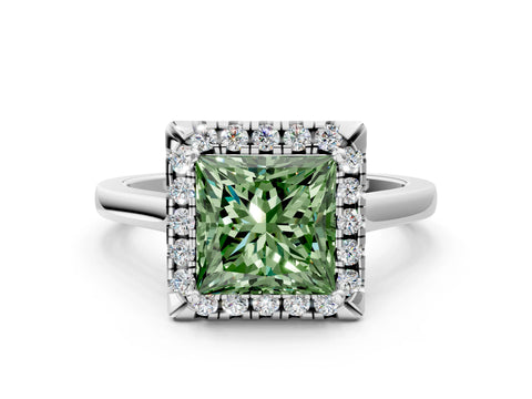 White gold Fancy Green Princess Cut Halo Round Diamond Solitaire Ring with Pavé Band and Four-Prong Setting_12