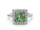 White gold Fancy Green Princess Cut Halo Round Diamond Solitaire Ring with Pavé Band and Four-Prong Setting_12