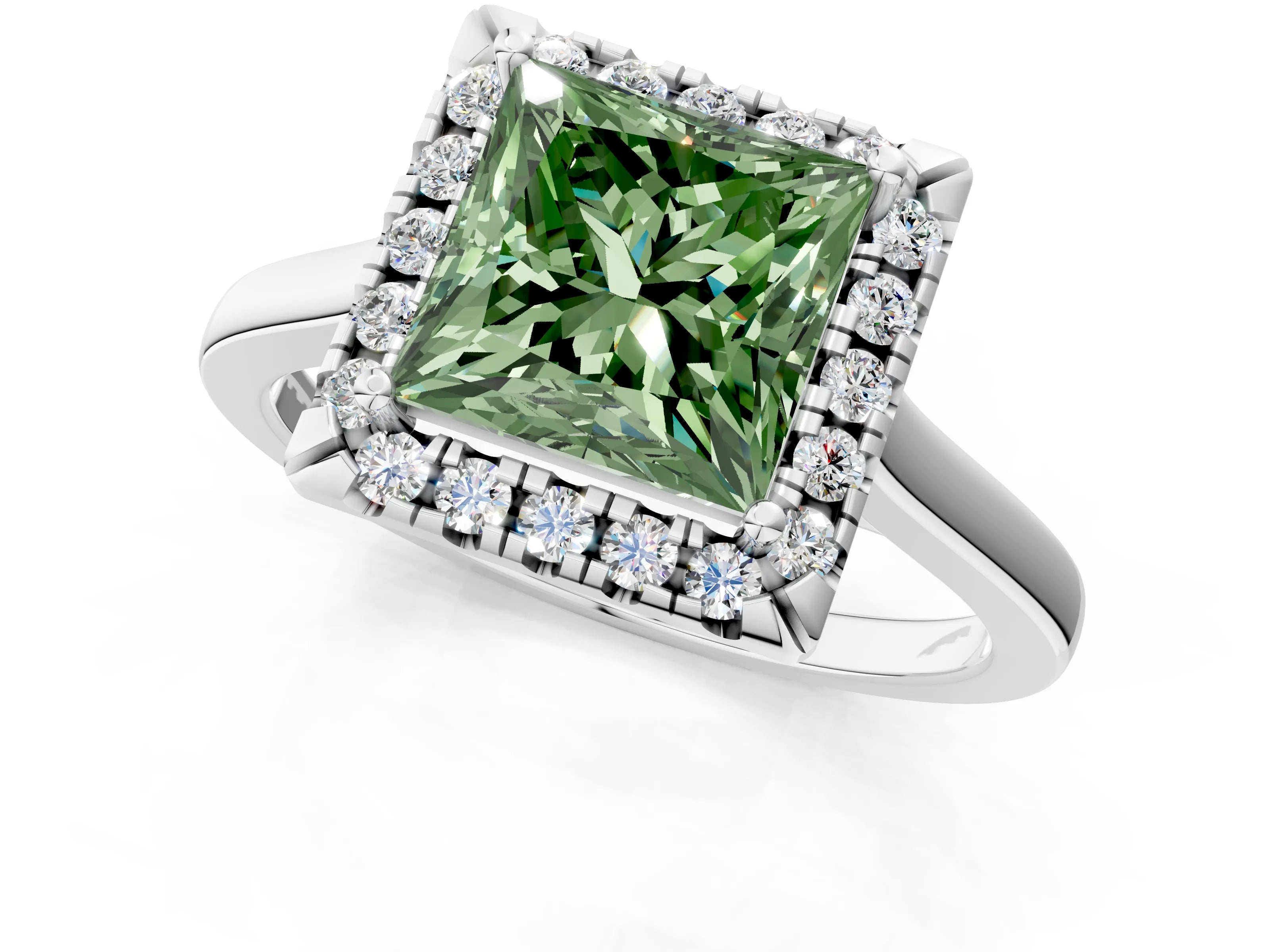 White gold Fancy Green Princess Cut Halo Round Diamond Solitaire Ring with Pavé Band and Four-Prong Setting_13