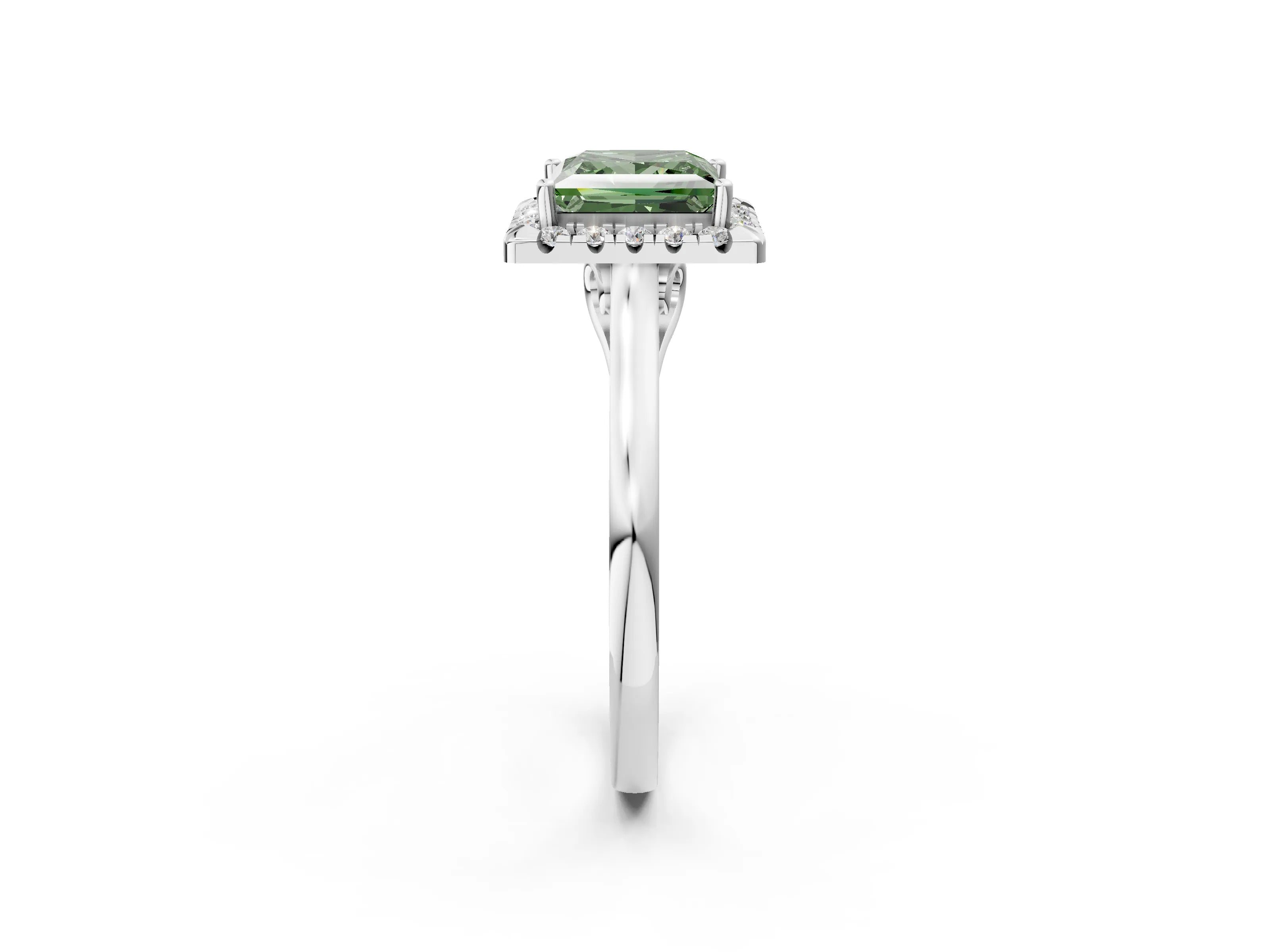 White gold Fancy Green Princess Cut Halo Round Diamond Solitaire Ring with Pavé Band and Four-Prong Setting_14