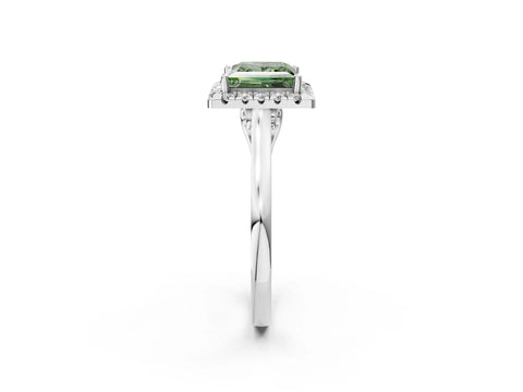 White gold Fancy Green Princess Cut Halo Round Diamond Solitaire Ring with Pavé Band and Four-Prong Setting_14