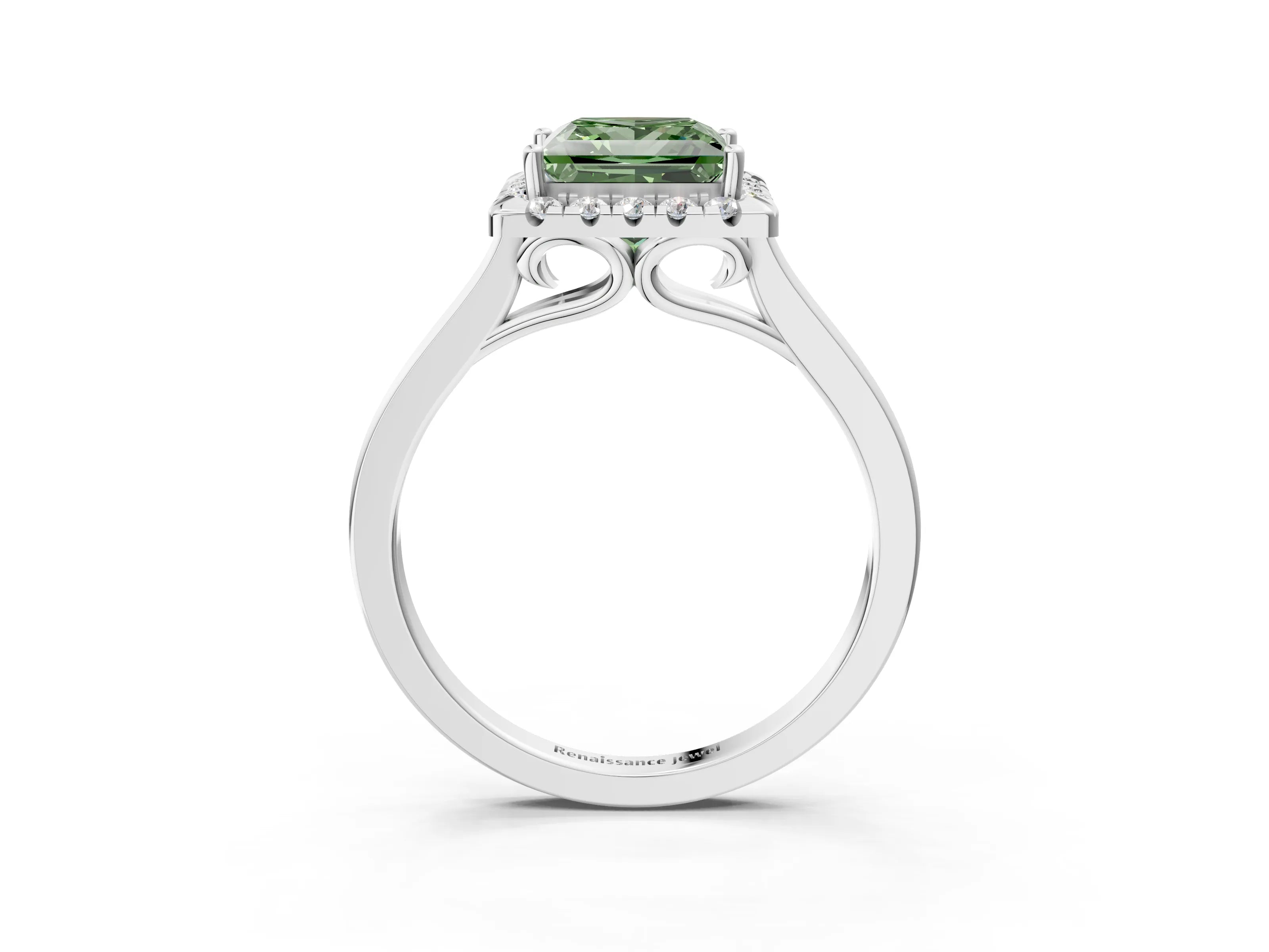 White gold Fancy Green Princess Cut Halo Round Diamond Solitaire Ring with Pavé Band and Four-Prong Setting_15