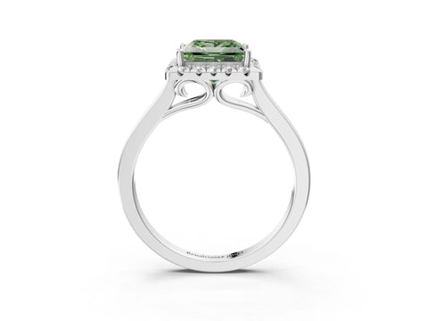 White gold Fancy Green Princess Cut Halo Round Diamond Solitaire Ring with Pavé Band and Four-Prong Setting_15