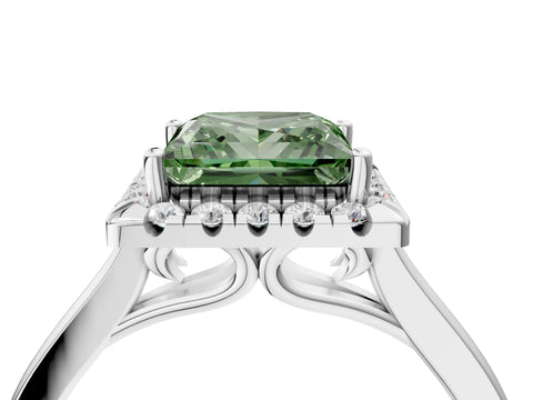 White gold Fancy Green Princess Cut Halo Round Diamond Solitaire Ring with Pavé Band and Four-Prong Setting_16