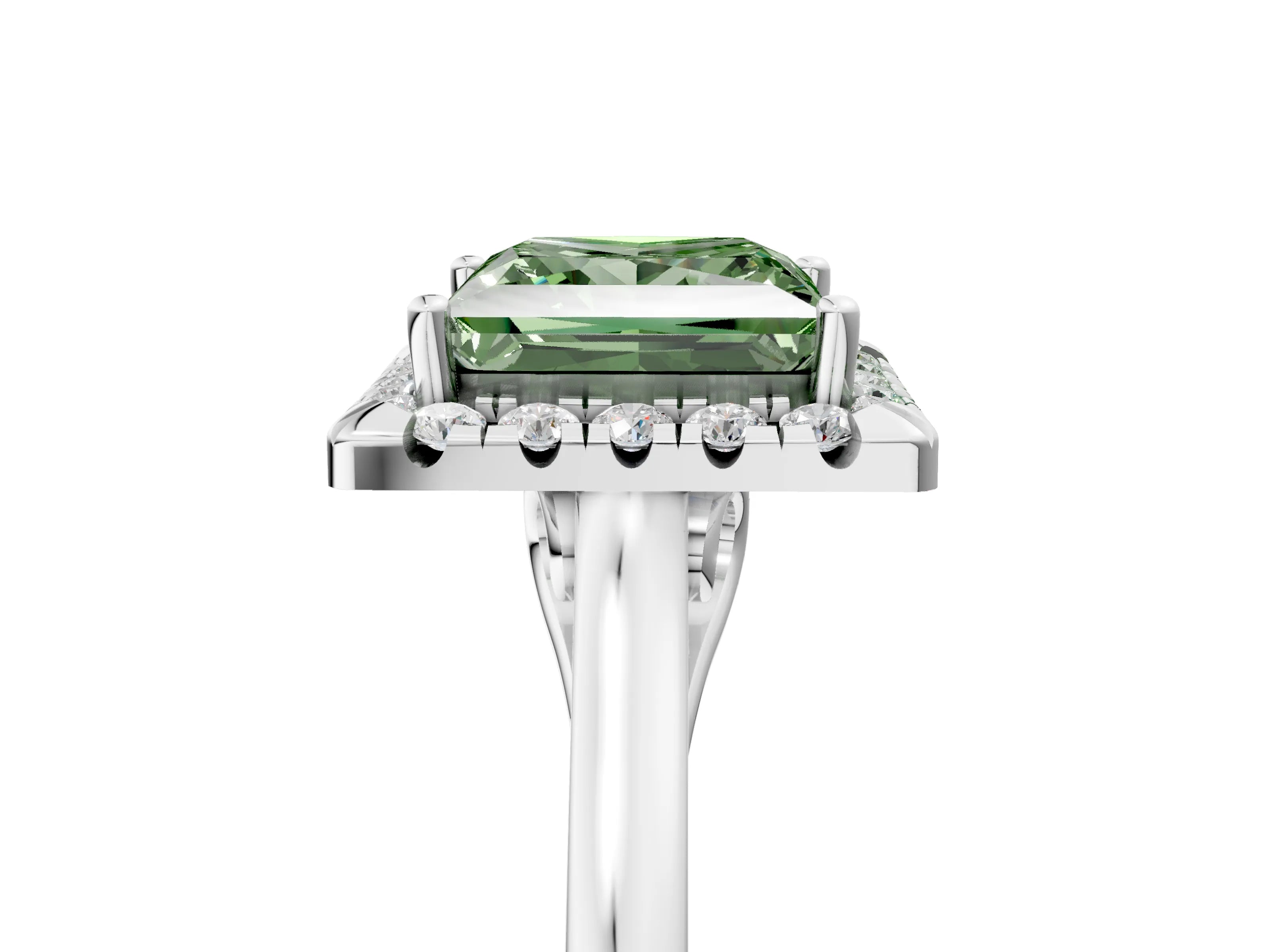 White gold Fancy Green Princess Cut Halo Round Diamond Solitaire Ring with Pavé Band and Four-Prong Setting_17