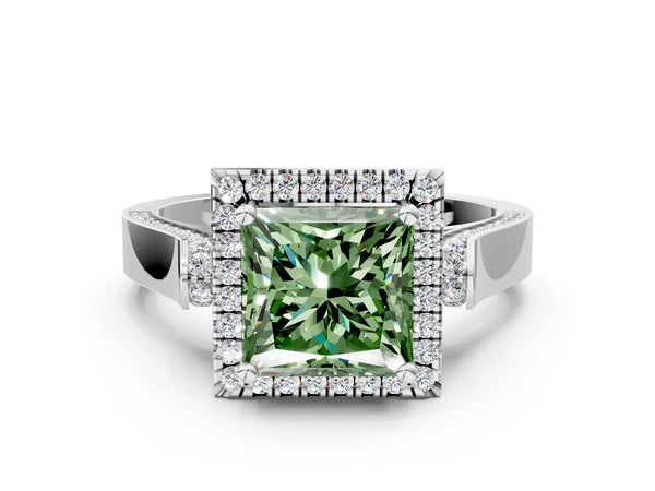 Platinum Fancy Green Princess Cut Halo Round Diamond Twist Band with Four-Prong Setting