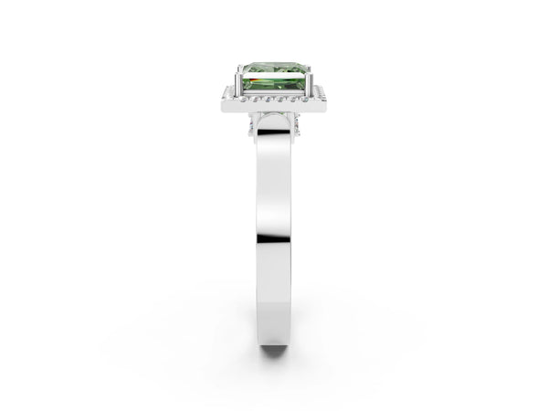 Platinum Fancy Green Princess Cut Halo Round Diamond Twist Band with Four-Prong Setting