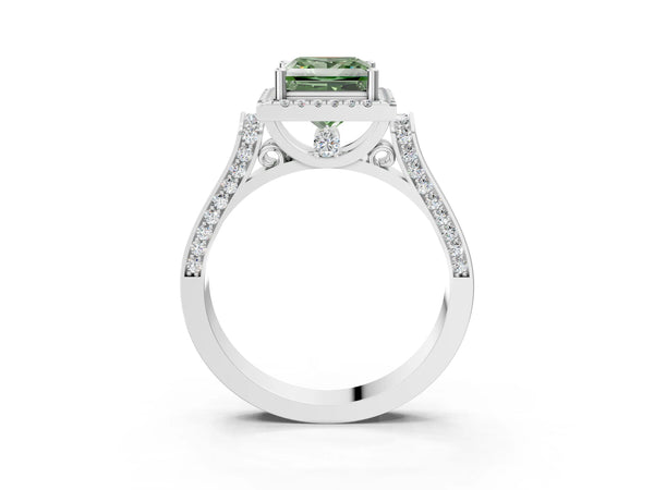 Platinum Fancy Green Princess Cut Halo Round Diamond Twist Band with Four-Prong Setting
