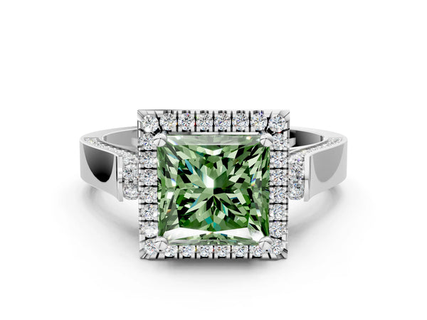 Platinum Fancy Green Princess Cut Halo Round Diamond Twist Band with Four-Prong Setting