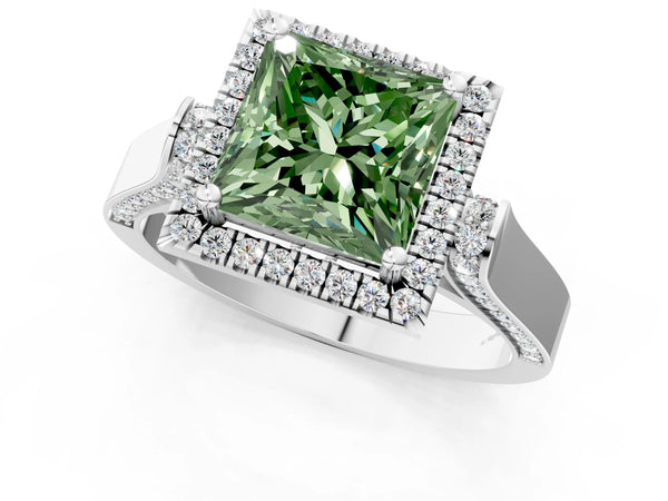 Platinum Fancy Green Princess Cut Halo Round Diamond Twist Band with Four-Prong Setting