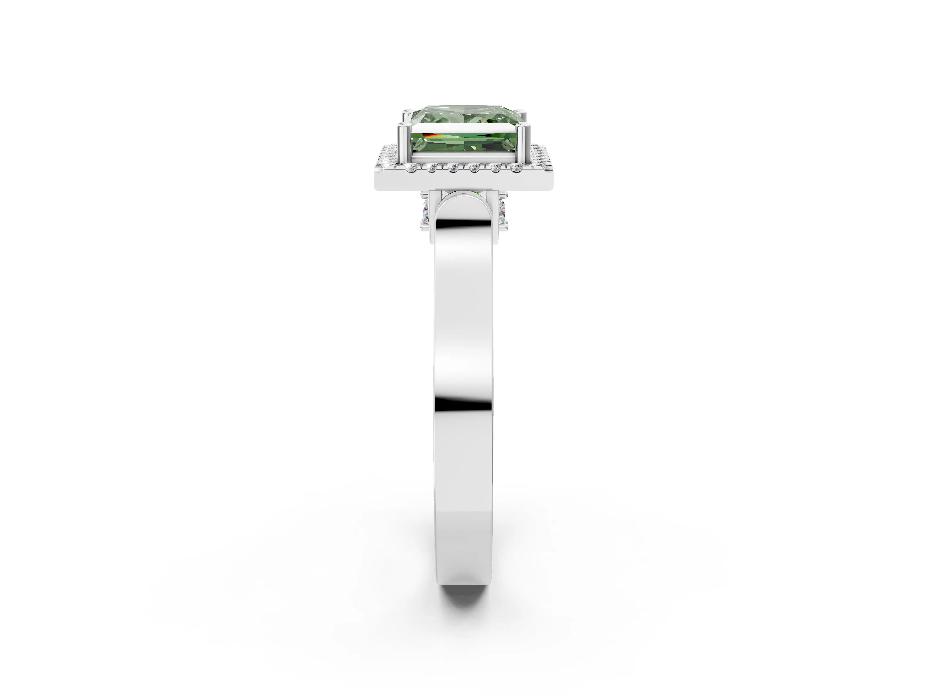 White gold Fancy Green Princess Cut Halo Round Diamond Twist Band with Four-Prong Setting_26