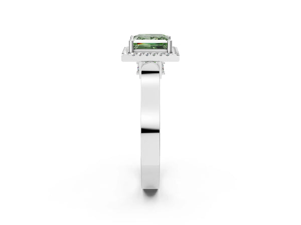 Platinum Fancy Green Princess Cut Halo Round Diamond Twist Band with Four-Prong Setting
