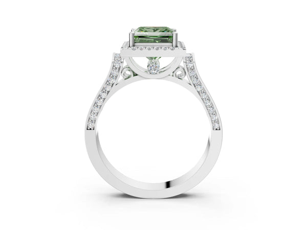 Platinum Fancy Green Princess Cut Halo Round Diamond Twist Band with Four-Prong Setting