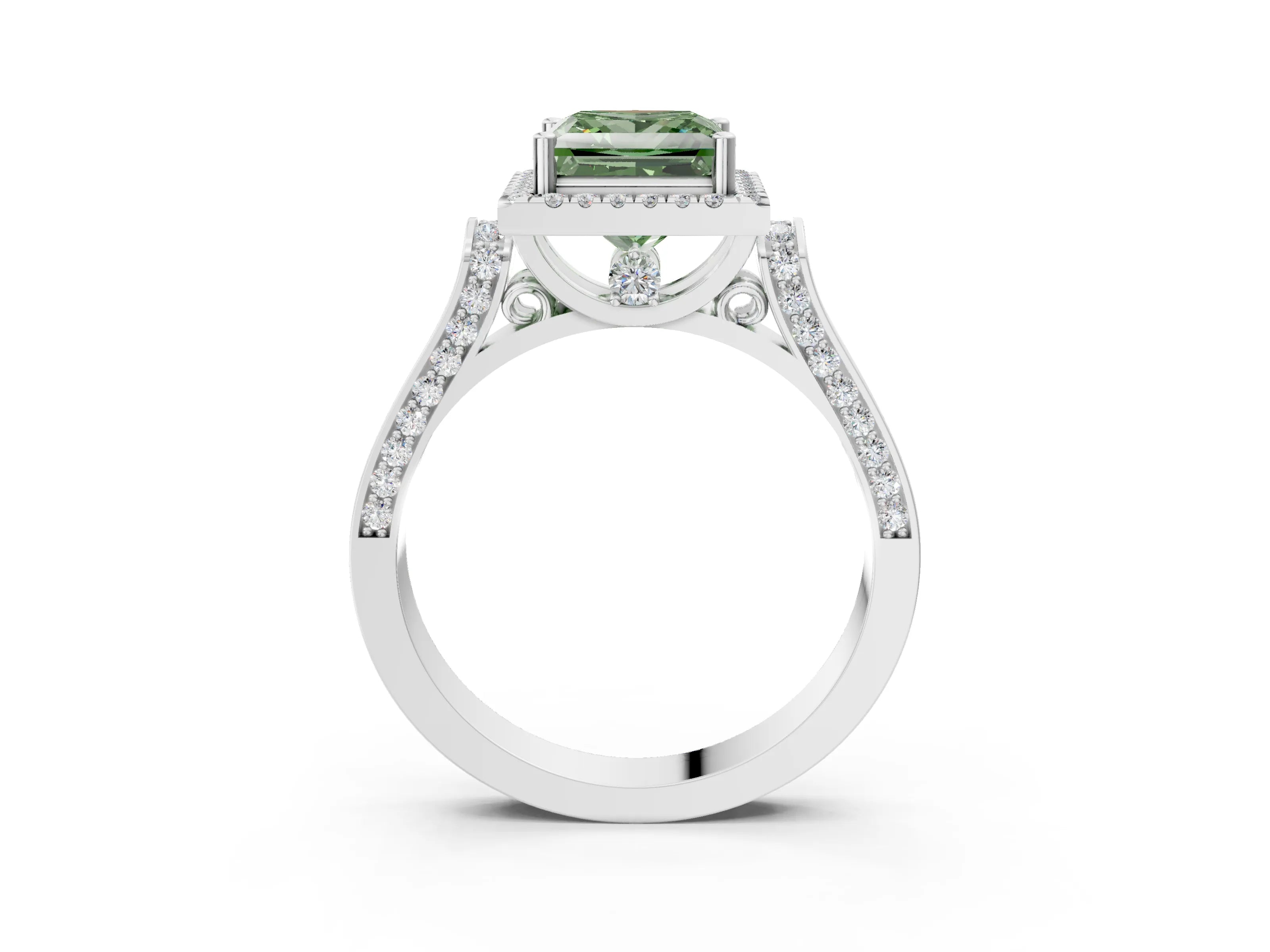 White gold Fancy Green Princess Cut Halo Round Diamond Twist Band with Four-Prong Setting_27