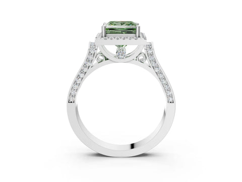 White gold Fancy Green Princess Cut Halo Round Diamond Twist Band with Four-Prong Setting_27