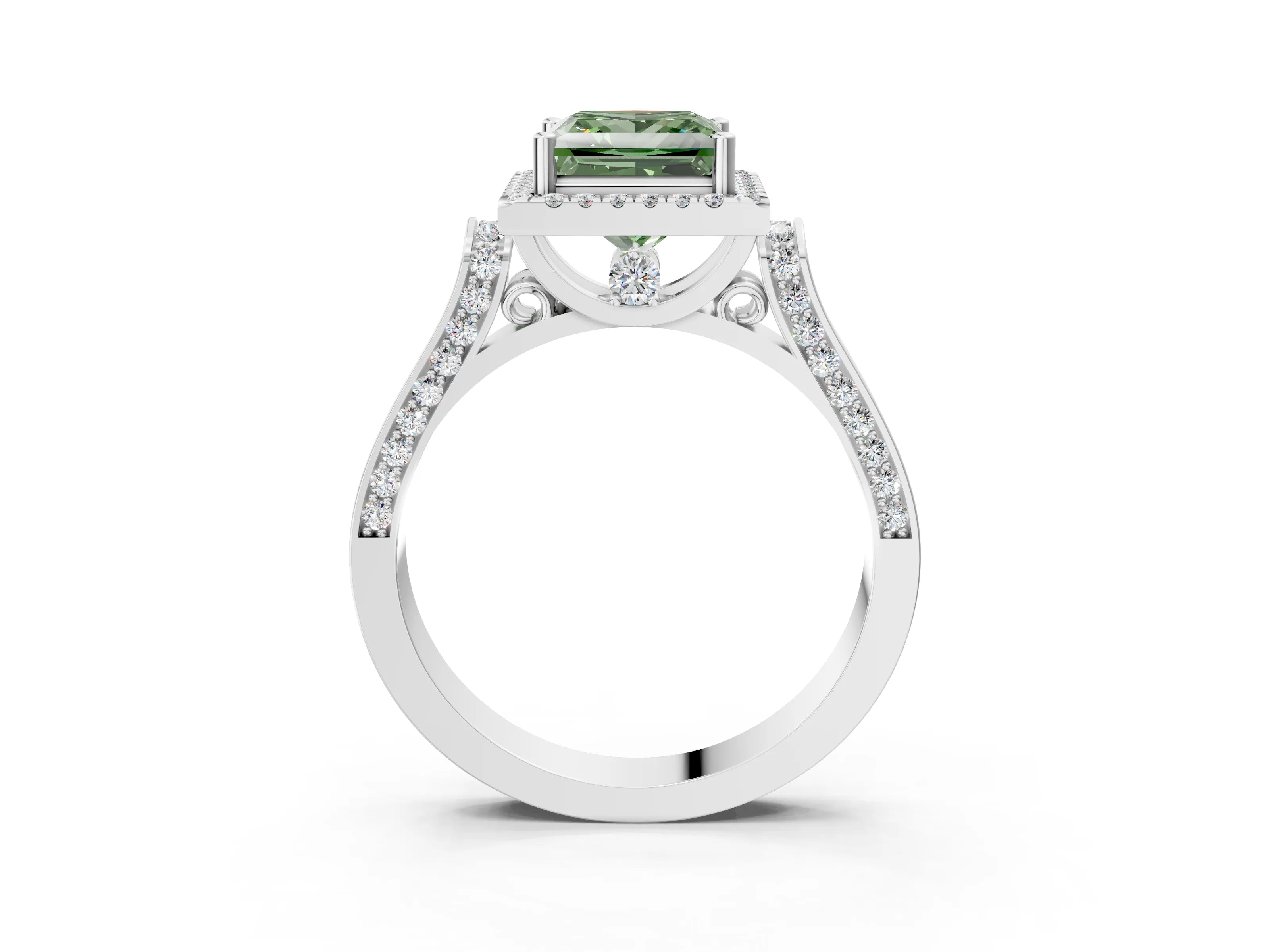 White gold Fancy Green Princess Cut Halo Round Diamond Twist Band with Four-Prong Setting_3