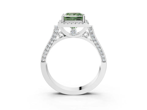 White gold Fancy Green Princess Cut Halo Round Diamond Twist Band with Four-Prong Setting_3