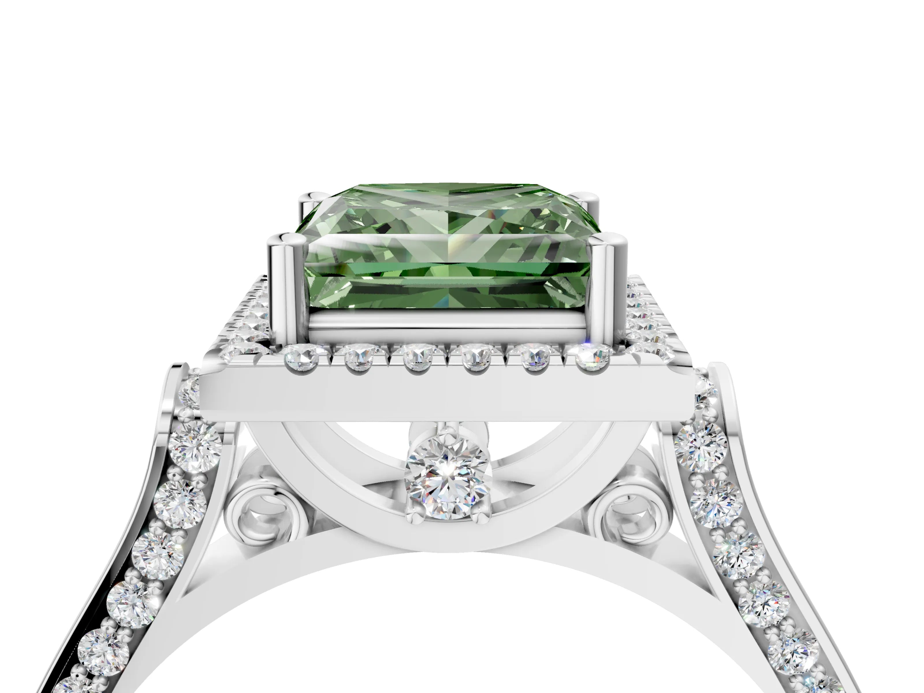 White gold Fancy Green Princess Cut Halo Round Diamond Twist Band with Four-Prong Setting_4
