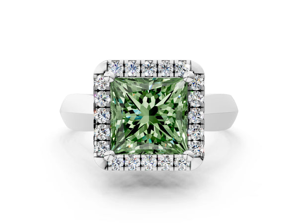 Platinum Fancy Green Princess  Cut Halo Solitaire Engagement Ring with Square Band and Four-Prong Setting
