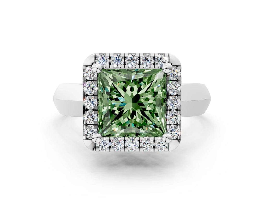 White gold Fancy Green Princess  Cut Halo Solitaire Engagement Ring with Square Band and Four-Prong Setting_12