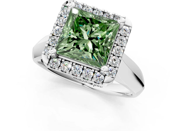 Platinum Fancy Green Princess  Cut Halo Solitaire Engagement Ring with Square Band and Four-Prong Setting