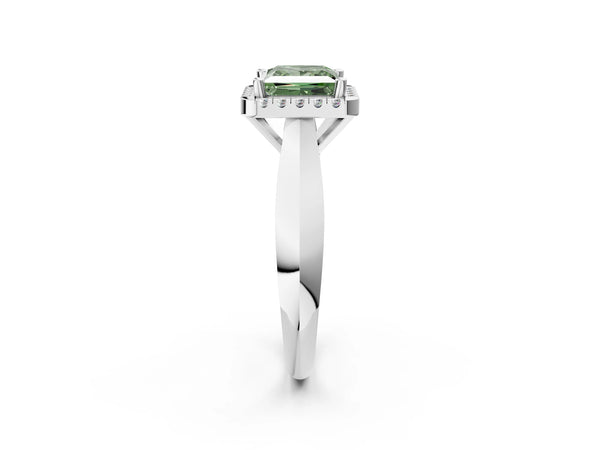 Platinum Fancy Green Princess  Cut Halo Solitaire Engagement Ring with Square Band and Four-Prong Setting