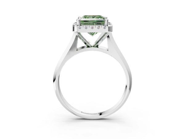 Platinum Fancy Green Princess  Cut Halo Solitaire Engagement Ring with Square Band and Four-Prong Setting