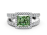 White gold Fancy Green Princess  Cut Halo Split Shank Diamond Ring with Four-Prong Setting