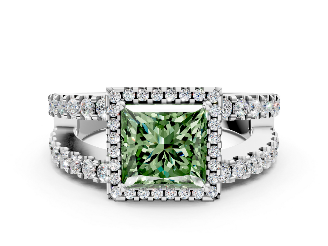 White gold Fancy Green Princess  Cut Halo Split Shank Diamond Ring with Four-Prong Setting