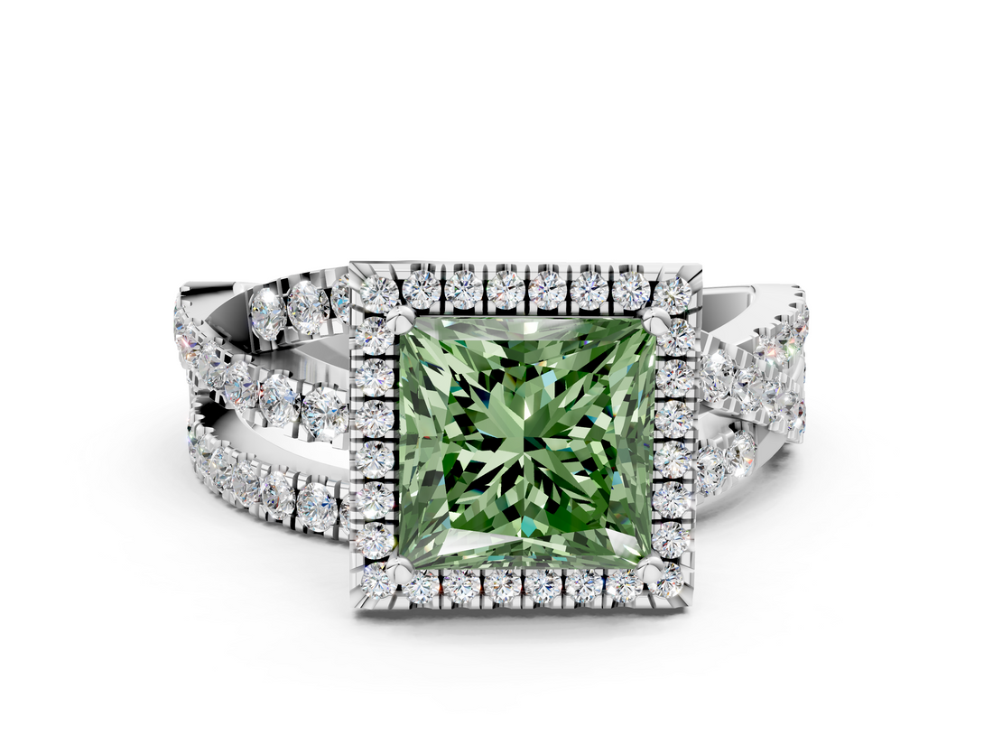 White gold Fancy Green Princess  Cut Halo Split Shank Prong Setting Ring