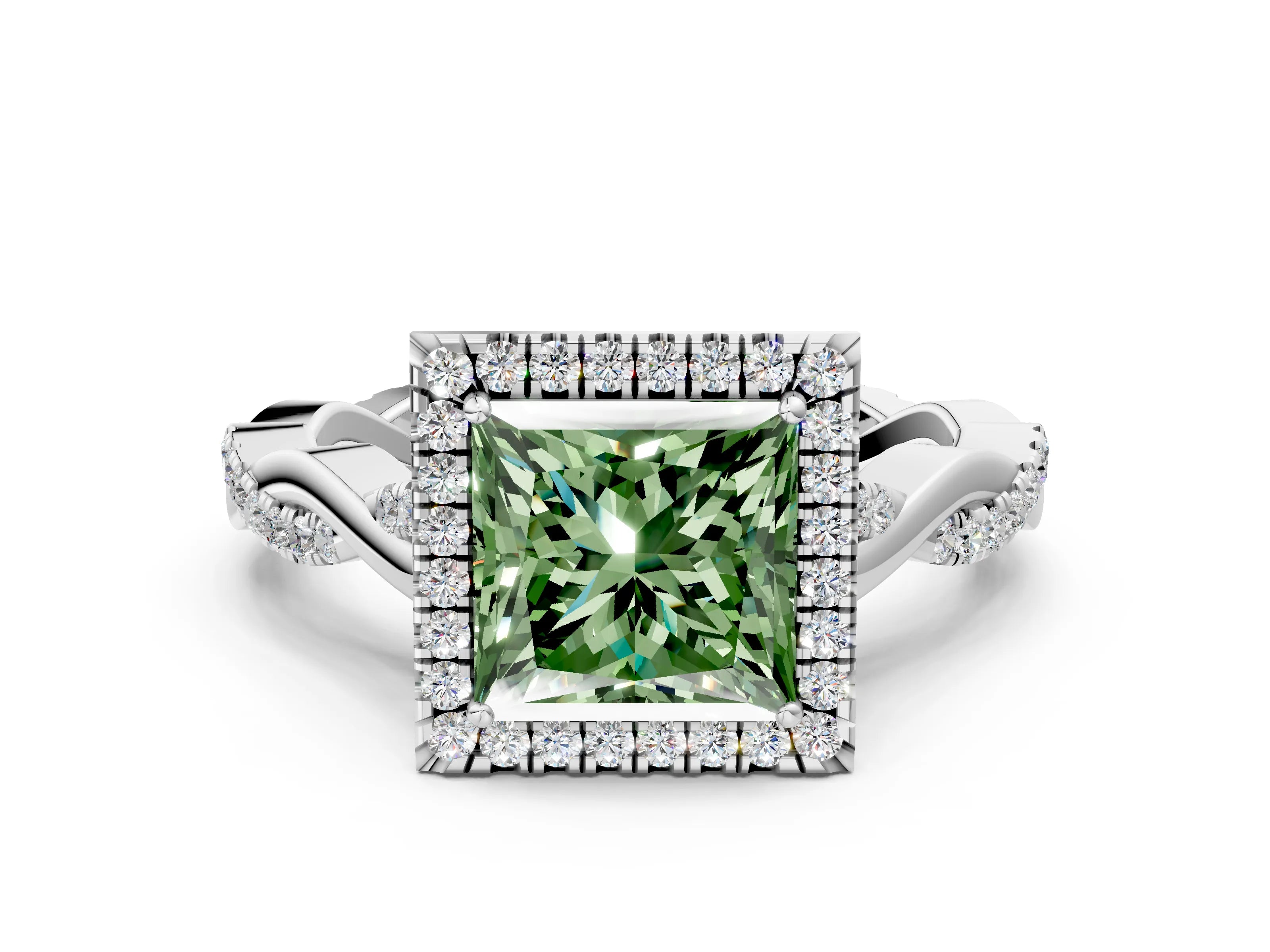 White gold Fancy Green Princess Cut Halo Twist Band with Four-Prong Setting