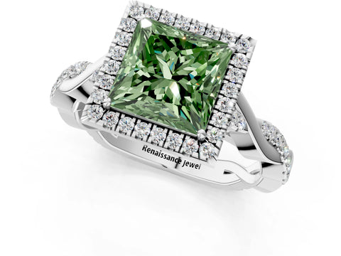 White gold Fancy Green Princess Cut Halo Twist Band with Four-Prong Setting_1