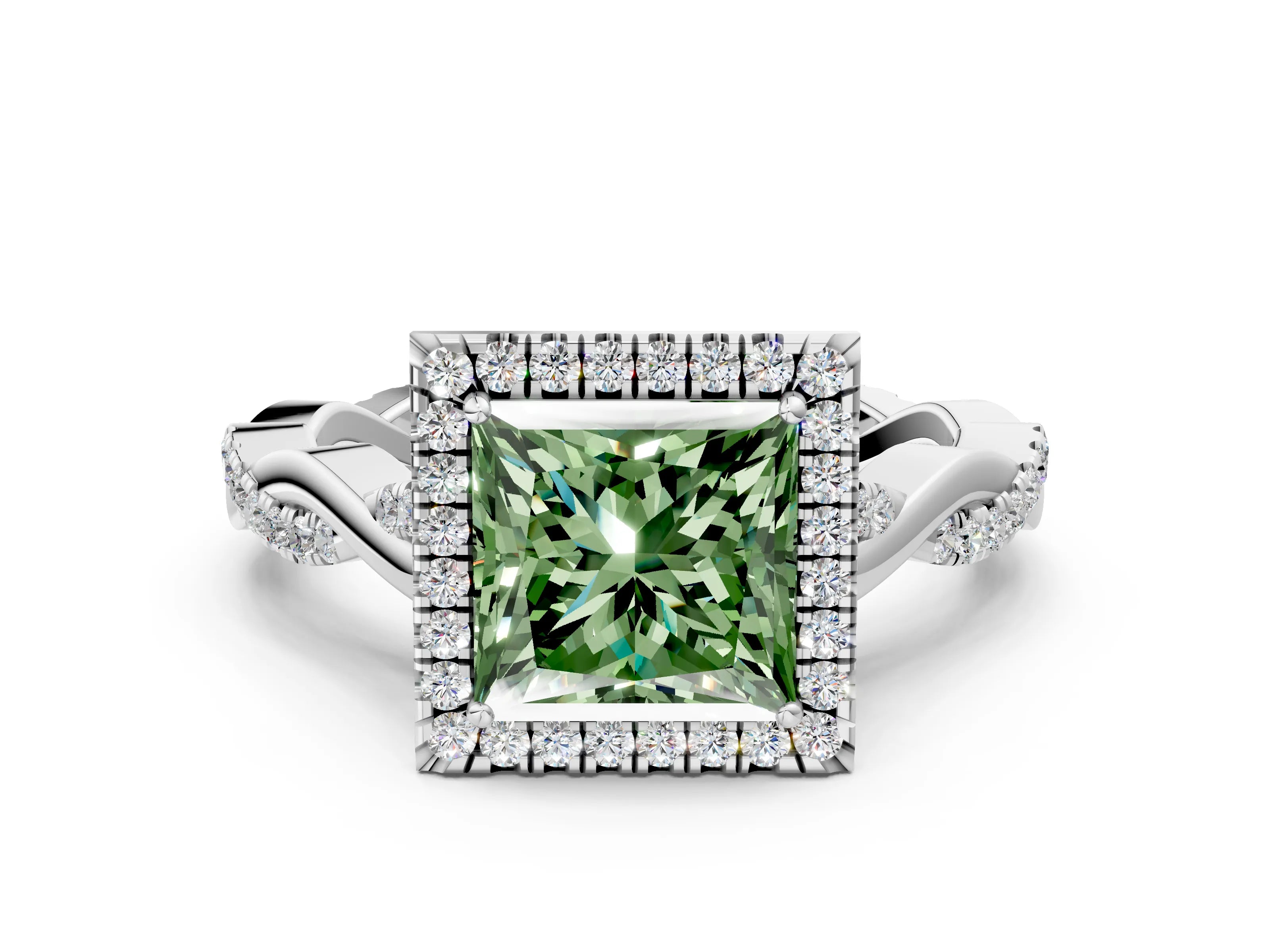 White gold Fancy Green Princess Cut Halo Twist Band with Four-Prong Setting_24