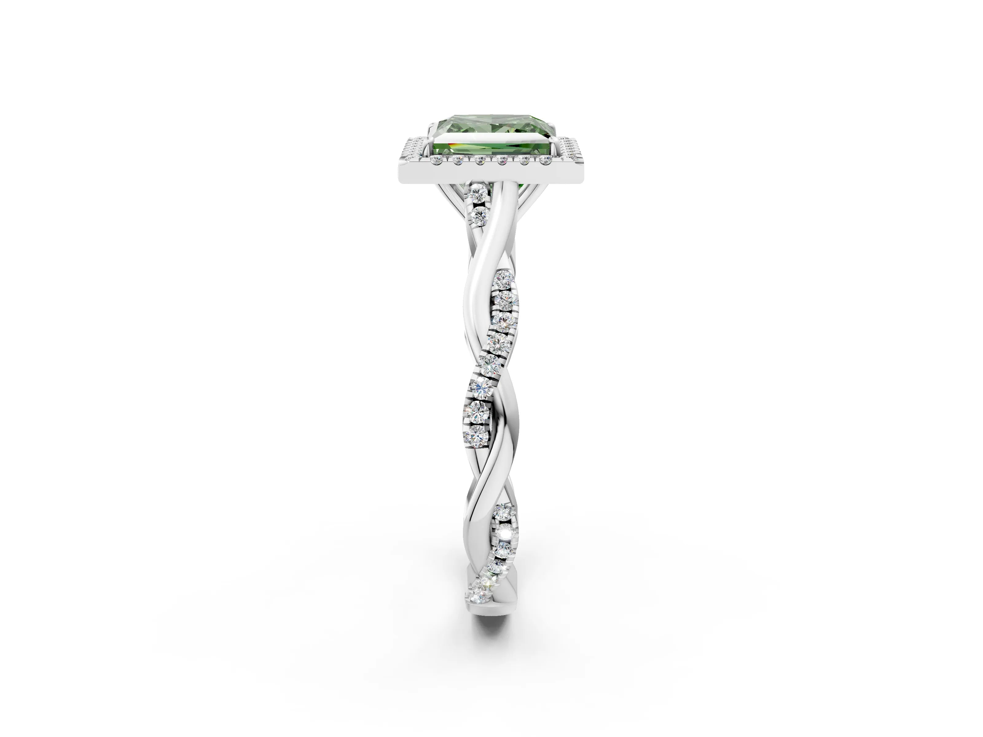 White gold Fancy Green Princess Cut Halo Twist Band with Four-Prong Setting_2