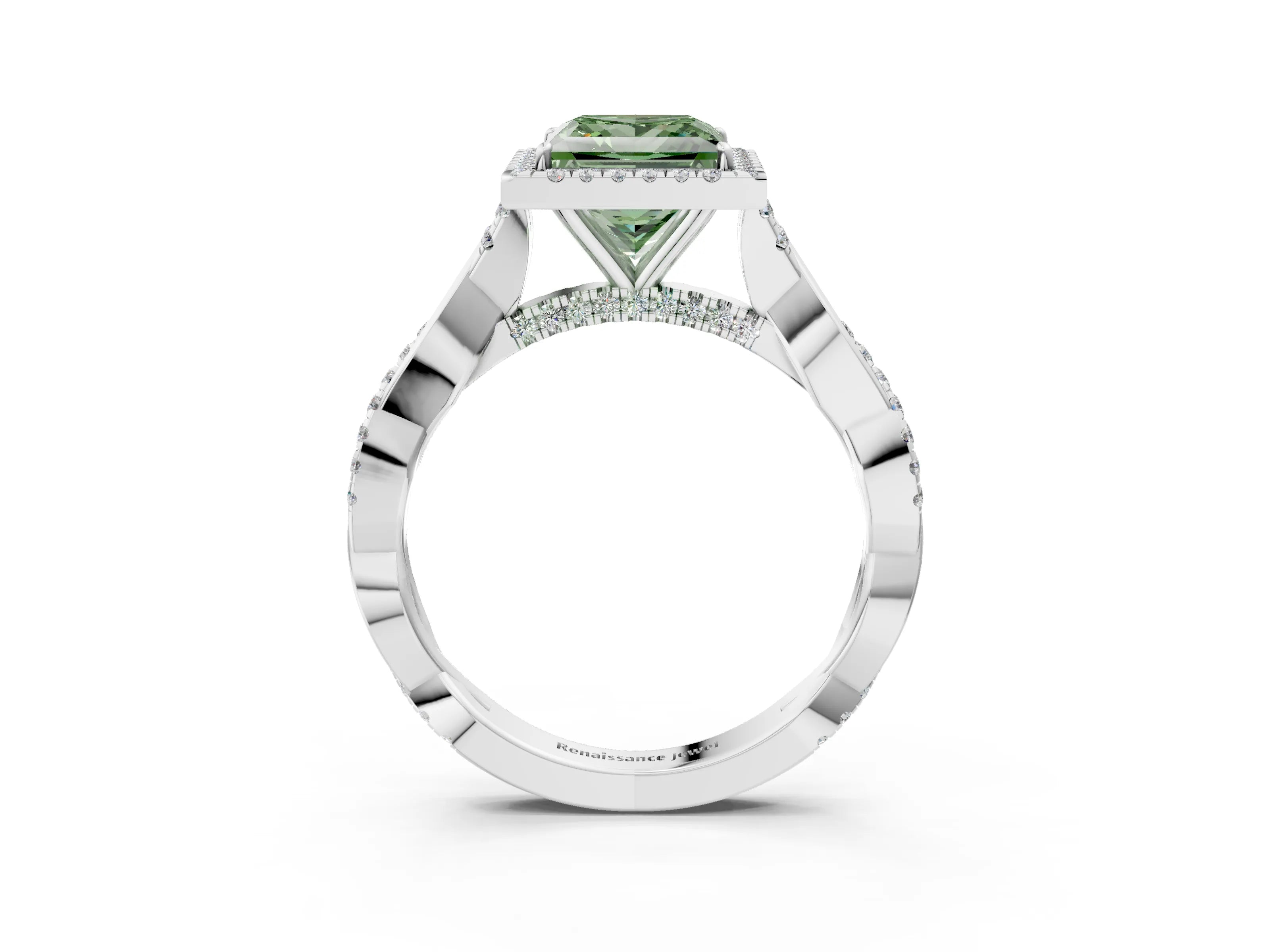 White gold Fancy Green Princess Cut Halo Twist Band with Four-Prong Setting_3